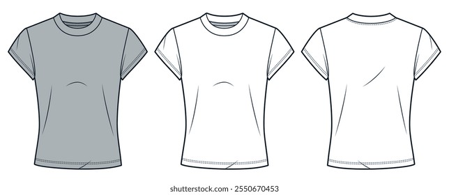 Tee Shirt technical fashion illustration. Cap Sleeve Top fashion flat technical drawing template, round neck, slim fit, front and back view, white, grey, women, men, unisex CAD mockup set.