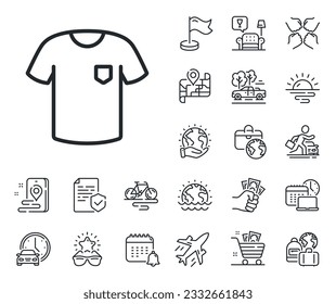 Tee shirt wear sign. Plane jet, travel map and baggage claim outline icons. T-shirt line icon. Fabric sport clothes symbol. T-shirt line sign. Car rental, taxi transport icon. Place location. Vector
