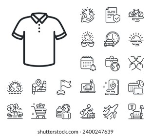 Tee shirt wear sign. Plane jet, travel map and baggage claim outline icons. T-shirt line icon. Fabric sport clothes symbol. T-shirt line sign. Car rental, taxi transport icon. Place location. Vector