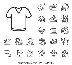 Tee shirt wear sign. Plane jet, travel map and baggage claim outline icons. T-shirt line icon. Fabric sport clothes symbol. T-shirt line sign. Car rental, taxi transport icon. Place location. Vector