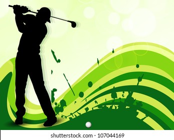 Tee Shot, silhouette of a golfer on green wave background. EPS 10.
