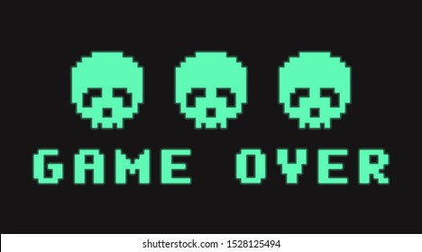 Tee, T shirt template for print with three skulls and game over text. Video game print for apparel. Death of the gamer, three lives wasted. Old computer typo typography. Vector illustration