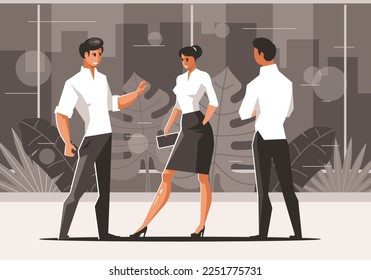 Tee talking office workers. Businessmen and businesswoman discuss business strategy in office. Vector illustration