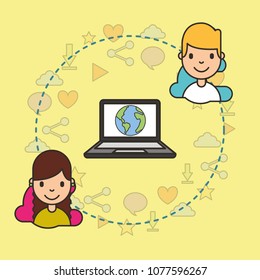 teeenagers with laptop with world on screen connected social media