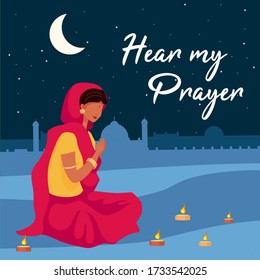Teej festival social media post mockup. Hear my prayer phrase. Web banner design template. Puja ceremony booster, content layout with inscription. Poster, print ads and flat illustration