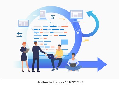 Teem discussing project at Kanban board. Scrum meeting, conversation, working on laptop. Business concept. Vector illustration can be used for presentation slides, landing pages, posters