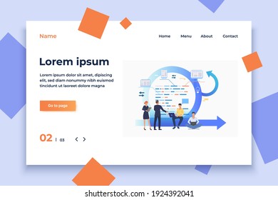 Teem discussing project at Kanban board. Scrum meeting, conversation, working on laptop. Business concept. Vector illustration can be used for presentation slides, landing pages, posters
