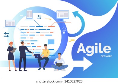 Teem discussing tasks at Kanban board. Scrum meeting, conversation, working on laptop. Business concept. Vector illustration can be used for presentation slides, landing pages, posters