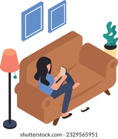 Teen age Girl reading book while sitting on couch isometric Concept, Women Lying Down On Sofa Vector Icon Design, Weekly holiday Activity Symbol, Week Rest Day Sign, Lazy weekend people illustration