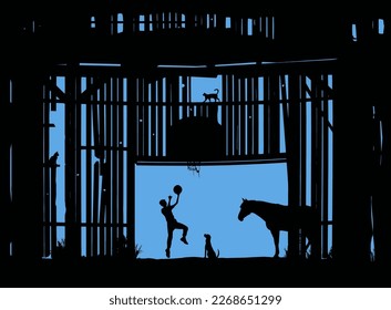 A teen aged boy practice his left handed layup on a hoop and torn net on the side of an old barn. Farm animals, cats, a dog and horse watch the action. This is a vector illustration.