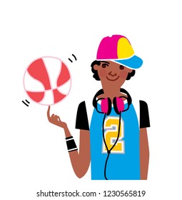 teen black boy character holding a ball. vector