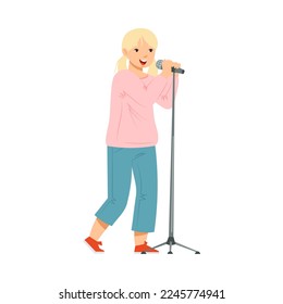 Teen Blond Girl Standing and Singing with Microphone Performing on Stage Vector Illustration