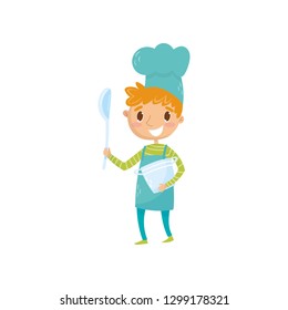 Teen boy in apron and chef hat, holding ladle and saucepan. Kid dream of becoming famous cooker and open own restaurant. Role play. Career day in school. Flat vector design