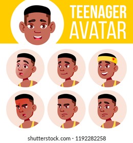 Teen Boy Avatar Set Vector. Black. Afro American. Face Emotions. High, Child Pupil. Small, Junior. Cartoon Head Illustration

