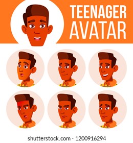 Teen Boy Avatar Set Vector. Indian, Hindu. Asian. Face Emotions. Head, Icon. Childish, Happiness Enjoyment. Cartoon Head Illustration