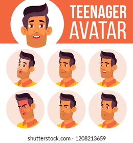 Teen Boy Avatar Set Vector. Arab, Muslim. Face Emotions. Child. Friendly. Cartoon Head Illustration