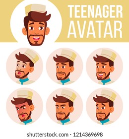 Teen Boy Avatar Set Vector. Arab, Muslim. Face Emotions. User, Character. Cheer, Pretty. Cartoon Head Illustration