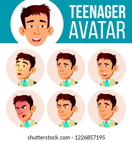 Teen Boy Avatar Set Vector. Asian Face Emotions. Facial, People. Positive. Cartoon Head Illustration