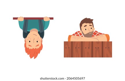 Teen Boy with Backpack and Bearded Man Looking Out From Fence and Wall Corner Vector Set