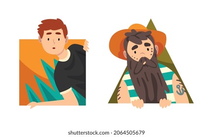 Teen Boy and Bearded Man in Striped Vest Looking Out from Geometric Shape Vector Set