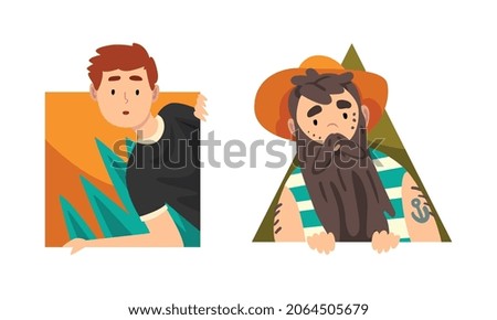 Teen Boy and Bearded Man in Striped Vest Looking Out from Geometric Shape Vector Set