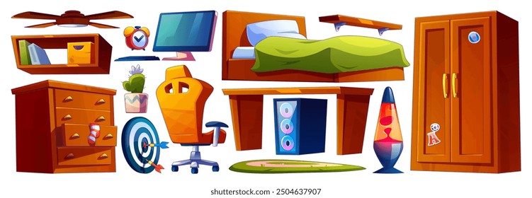 Teen boy bedroom furniture set isolated on white background. Vector cartoon illustration of desk and armchair, desktop computer, wardrobe and drawer, books on shelf, cactus, ceiling fan, night light