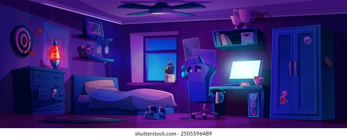 Teen boy bedroom interior at night. Vector cartoon illustration dark room with window and ceiling fan, computer on desk, armchair, wardrobe and drawer, books and trophies on shelf, poster on wall