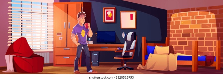 Teen boy in bedroom vector cartoon home interior background. Children house with study desk, drawer and poster. Geek or gamer teenager character design with window and computer in dorm apartment.