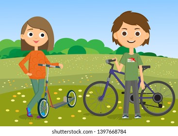 Teen boy with a bicycle. Girl with a scooter. Best friends. Exercise in the open air. Clear sunny summer day. Vector illustration