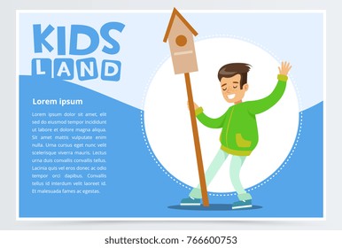 Teen boy with birdhouse, eco concept, kids land banner flat vector element for website or mobile app