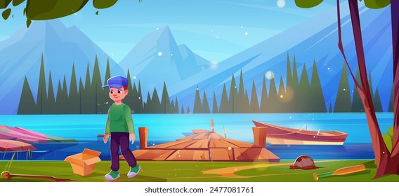 Teen boy in blue cap walking on river or lake bank with wooden pier and boat. Cartoon vector summer sunny landscape with mountain hills, pond with dock on water and trees. Smiling kid rest outdoors.