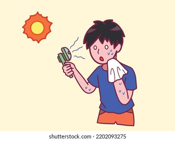 Teen Boy With Blue Shirt Feeling Hot And Sweating Outside With Burning Sun Holding Fabric And Portable Fan