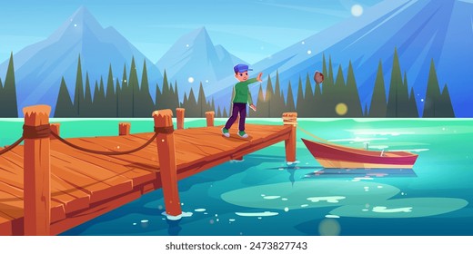 Teen boy in cap throw stone in water of river or lake standing on wooden pier. Cartoon vector summer sunny landscape with mountain hills, pond with dock and boat and blue sky. Smiling kid playing.