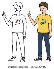 Teen Boy Cartoon Character with Music Shirt – Coloring Page and Colored Version for Kids Learning