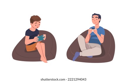 Teen Boy Character with Digital Device Sitting on Beanbag Chair Suffering from Internet Addiction Vector Set