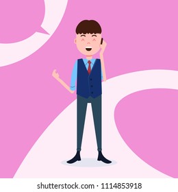 teen boy character happy phone call male business suit template for design work and animation on pink background full length flat person