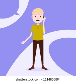 teen boy character sad phone call male template for design work and animation on violet background full length flat person