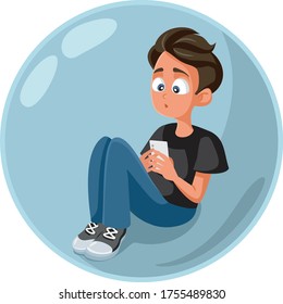 Teen Boy Checking Smartphone Living in a Bubble. Insecure teen feeling shy experiencing internet addiction
