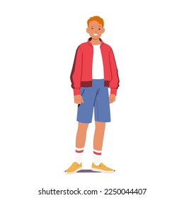 Teen Boy, Cheerful Redhead Teenager Wink Eye Standing Full Height Isolated on White Background. Young Male Character Wearing Jacket, Shorts and Sneakers with Socks. Cartoon People Vector Illustration