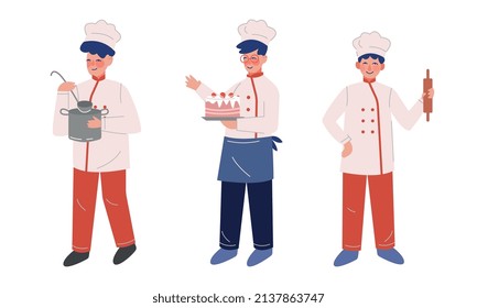 Teen Boy Chef in White Toque and Jacket Holding Plate with Sweet Cake and Pot with Ladle Vector Set