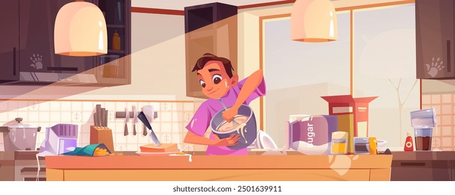 Teen boy cooking in dirty messy home kitchen interior. Cartoon vector illustration of cute funny teenager holding bowl and whisking dough with beater. Male child character making sweet pastry food.