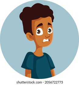 Teen Boy Cringe Face Expression Vector Cartoon. Teenager Blenching Being Shy And Concerned In Emotional Situation
