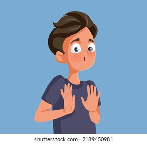 
Teen Boy Denying and Refusing Making Stop Gesture Vector Illustration. Teenager feeling shy pushing away with hand gesture
