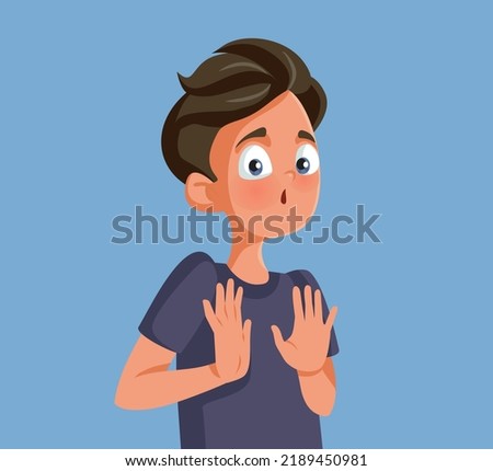 
Teen Boy Denying and Refusing Making Stop Gesture Vector Illustration. Teenager feeling shy pushing away with hand gesture

