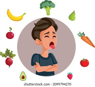 
Teen Boy Disliking Healthy Eating Vector Cartoon Illustration. Young Adolescent Having An Eating Disorder Avoiding Healthy Food
