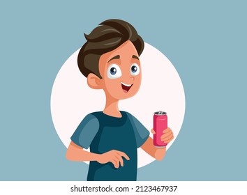 Teen Boy Drink from Soda Can Vector Cartoon Illustration. Young teenager having a soft carbonated drink from metallic container
