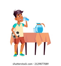 Teen Boy Drinking Water After Soccer Game Vector. Hispanic Teenager Guy Drink Water From Glass, Carafe And Cup Standing On Table. Character With Football Ball Flat Cartoon Illustration