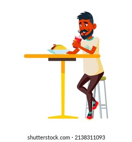 Teen Boy Eating Fast Food And Drinking Vector. Indian Teenager Enjoying Nutrition And Drinking Soda Drink In Cafeteria. Character Eating Burrito And Refreshing Sweet Beverage Flat Cartoon Illustration