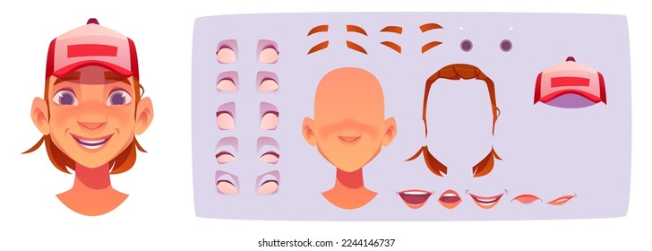 Constructor de rostro para diseño avatar. Dibujo vectorial de la cabeza de adolescente caucásico con un conjunto de ojos, cejas, boca con diferentes emociones, peinado y sombrero aislado en el fondo