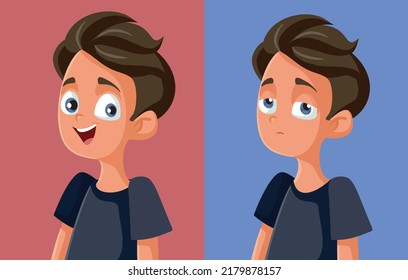 Teen Boy Feeling Happy and Sad Vector Cartoon Concept Illustration. Teenager feeling moody experiencing different emotions during puberty
